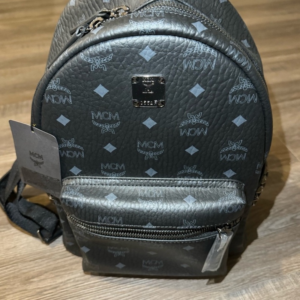 MCM Stark Monogram Logo Black Visetos Canvas Leather Small Studded Backpack